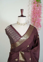 Coffee Brown - Durga - Banarasi Premium Viscose Silk with Mayil Border and Buttas - Best for Pooja Functions | Diwali Festive
