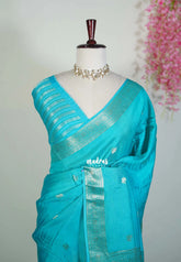 Dark Sky Blue - Durga - Banarasi Premium Viscose Silk with Mayil Border and Buttas - Best for Pooja Functions | Diwali Festive