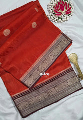 Rust Orange - Durga - Banarasi Premium Viscose Silk with Yanai, Mayil Border and Buttas - Best for Pooja Functions | Diwali Festive