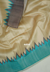 Sandal Ivory with Cyan Blue - Roopa - Premium Chappa semi Tussar with Ganga Jamuna Border - Perfect for Small Functions
