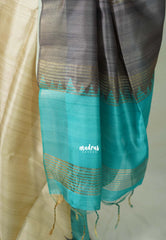 Sandal Ivory with Cyan Blue - Roopa - Premium Chappa semi Tussar with Ganga Jamuna Border - Perfect for Small Functions