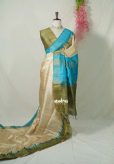 Sandal Ivory with Olive Green - Roopa - Premium Chappa semi Tussar with Ganga Jamuna Border - Perfect for Small Functions