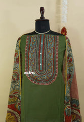 Amitha – Olive Green Premium cotton kalamkari hand stitched yoke and chanderi cotton dupatta
