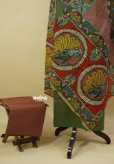 Amitha – Olive Green Premium cotton kalamkari hand stitched yoke and chanderi cotton dupatta