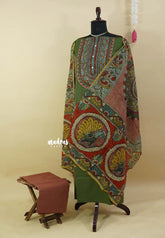 Amitha – Olive Green Premium cotton kalamkari hand stitched yoke and chanderi cotton dupatta