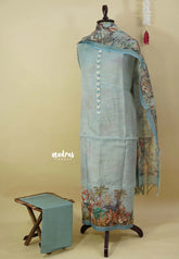 Amitha – Misty Aqua Premium linen  Salwar Suit with Nature inspired Digital Prints + Hand-Stitched Embroidery