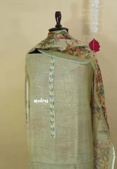 Amitha – Sage Green Premium linen Salwar Suit with Nature inspired Digital Prints + Hand-Stitched Embroidery