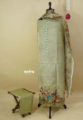 Amitha – Sage Green Premium linen  Salwar Suit with Nature inspired Digital Prints + Hand-Stitched Embroidery