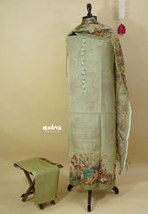 Amitha – Sage Green Premium linen Salwar Suit with Nature inspired Digital Prints + Hand-Stitched Embroidery