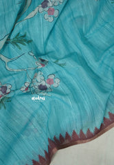 Turquoise Blue - Premium Linen Cotton with Jute Blend Saree Grooves with Floral Prints - Best for Office Wear | Casual Wear