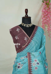 Turquoise Blue - Premium Linen Cotton with Jute Blend Saree Grooves with Floral Prints - Best for Office Wear | Casual Wear