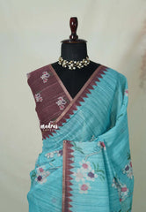 Turquoise Blue - Premium Linen Cotton with Jute Blend Saree Grooves with Floral Prints - Best for Office Wear | Casual Wear
