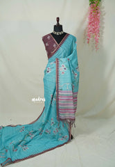 Turquoise Blue - Premium Linen Cotton with Jute Blend Saree Grooves with Floral Prints - Best for Office Wear | Casual Wear