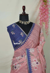 Pastel Peach Red - Premium Linen Cotton with Jute Blend Saree Grooves with Floral Prints - Best for Office Wear | Casual Wear