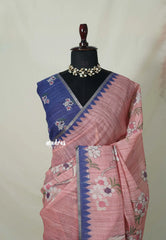 Pastel Peach Red - Premium Linen Cotton with Jute Blend Saree Grooves with Floral Prints - Best for Office Wear | Casual Wear
