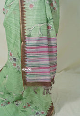 Pista Green - Premium Linen Cotton with Jute Blend Saree Grooves with Floral Prints - Best for Office Wear | Casual Wear