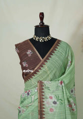 Pista Green - Premium Linen Cotton with Jute Blend Saree Grooves with Floral Prints - Best for Office Wear | Casual Wear