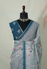 Steel Grey - Premium Linen Cotton with Jute Blend Saree Grooves with Floral Prints - Best for Office Wear | Casual Wear