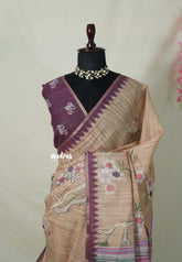 Powder Peach - Premium Linen Cotton with Jute Blend Saree Grooves with Floral Prints - Best for Office Wear | Casual Wear