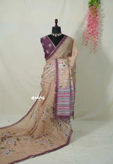 Powder Peach - Premium Linen Cotton with Jute Blend Saree Grooves with Floral Prints - Best for Office Wear | Casual Wear