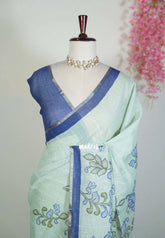 Mint Green - Premium Linen Cotton with Jute Blend Saree Raising Floral Prints - Best for Office Wear | Casual Wear