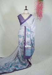 Creamy Lilac - Premium Linen Cotton with Jute Blend Saree Raising Floral Prints - Best for Office Wear | Casual Wear