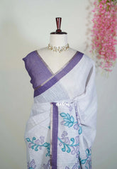 Creamy Lilac - Premium Linen Cotton with Jute Blend Saree Raising Floral Prints - Best for Office Wear | Casual Wear