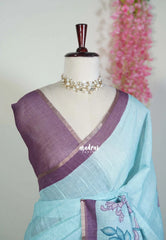 Creamy Turquoise Blue - Premium Linen Cotton with Jute Blend Saree Raising Floral Prints - Best for Office Wear | Casual Wear