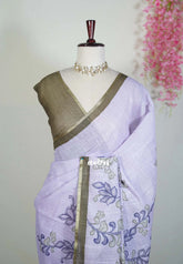Pastel Purple - Premium Linen Cotton with Jute Blend Saree Raising Floral Prints - Best for Office Wear | Casual Wear