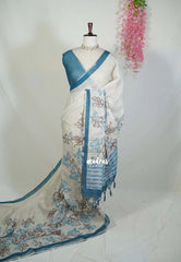 Creamy Ivory Beige - Premium Linen Cotton with Jute Blend Saree Raising Floral Prints - Best for Office Wear | Casual Wear