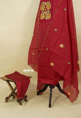 Amitha – Deep Maroon Red Premium kota silk salwar suit Kutchi-style cross-stitch yoke embroidery and scallop work duppatta