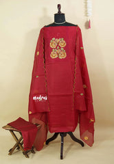 Amitha – Deep Maroon Red Premium kota silk salwar suit Kutchi-style cross-stitch yoke embroidery and scallop work duppatta