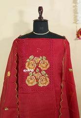 Amitha – Deep Maroon Red Premium kota silk salwar suit Kutchi-style cross-stitch yoke embroidery and scallop work duppatta