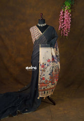 Temple Elephant Black - Premium Linen Cotton Saree Kalamkari Pallu and Blouse - Best for Small Functions