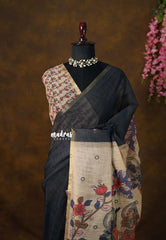 Temple Elephant Black - Premium Linen Cotton Saree Kalamkari Pallu and Blouse - Best for Small Functions