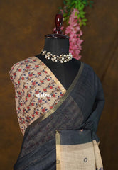 Temple Elephant Black - Premium Linen Cotton Saree Kalamkari Pallu and Blouse - Best for Small Functions