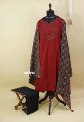 Amitha – Deep Maroon Red Premium pre-washed handspun cotton suit mirror yoke ajrakh dupatta plain bottom
