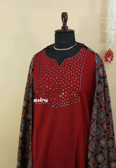 Amitha – Deep Maroon Red Premium pre-washed handspun cotton suit mirror yoke ajrakh dupatta plain bottom