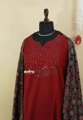 Amitha – Deep Maroon Red Premium pre-washed handspun cotton suit mirror yoke ajrakh dupatta plain bottom