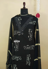 Amitha – Black Premium pre-washed handspun cotton suit with chiffon dupatta plain bottom