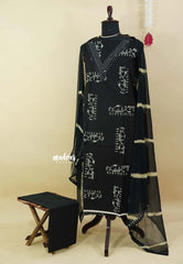 Amitha – Black Premium pre-washed handspun cotton suit with chiffon dupatta plain bottom