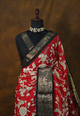 Regal Ruby Red - Premium Printed Silk with Kalamkari prints with Zari Border - Perfect for Office Wear
