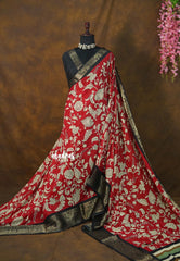 (PRE-BOOKING) Regal Ruby Red - Premium Printed Silk with Kalamkari prints with Zari Border - Perfect for Office Wear