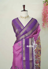 Lilac Pink - Premium Printed Silk with Rettapet Big Floral Border - Best for Small Funtions