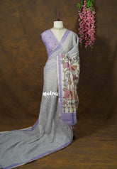 Coin Grey - Premium Linen Cotton with Jute Blend Saree Checks with Floral Pallu - Best for Office Wear | Casual Wear