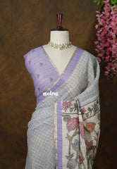 Coin Grey - Premium Linen Cotton with Jute Blend Saree Checks with Floral Pallu - Best for Office Wear | Casual Wear