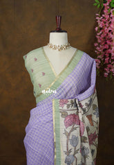 Lavender Purple - Premium Linen Cotton with Jute Blend Saree Checks with Floral Pallu - Best for Office Wear | Casual Wear