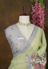 Mint Green - Premium Linen Cotton with Jute Blend Saree Checks with Floral Pallu - Best for Office Wear | Casual Wear