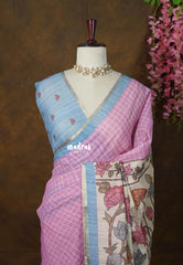 Lilac Pink - Premium Linen Cotton with Jute Blend Saree Checks with Floral Pallu - Best for Office Wear | Casual Wear