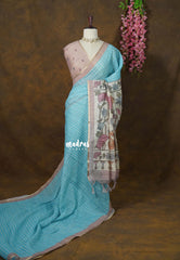Sky Blue - Premium Linen Cotton with Jute Blend Saree Checks with Floral Pallu - Best for Office Wear | Casual Wear